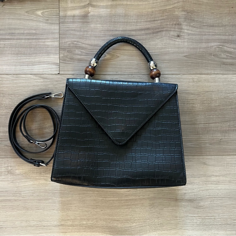WeWoreWhat Black Croc Leather Purse w Brown/Silver Beads- Removable Strap